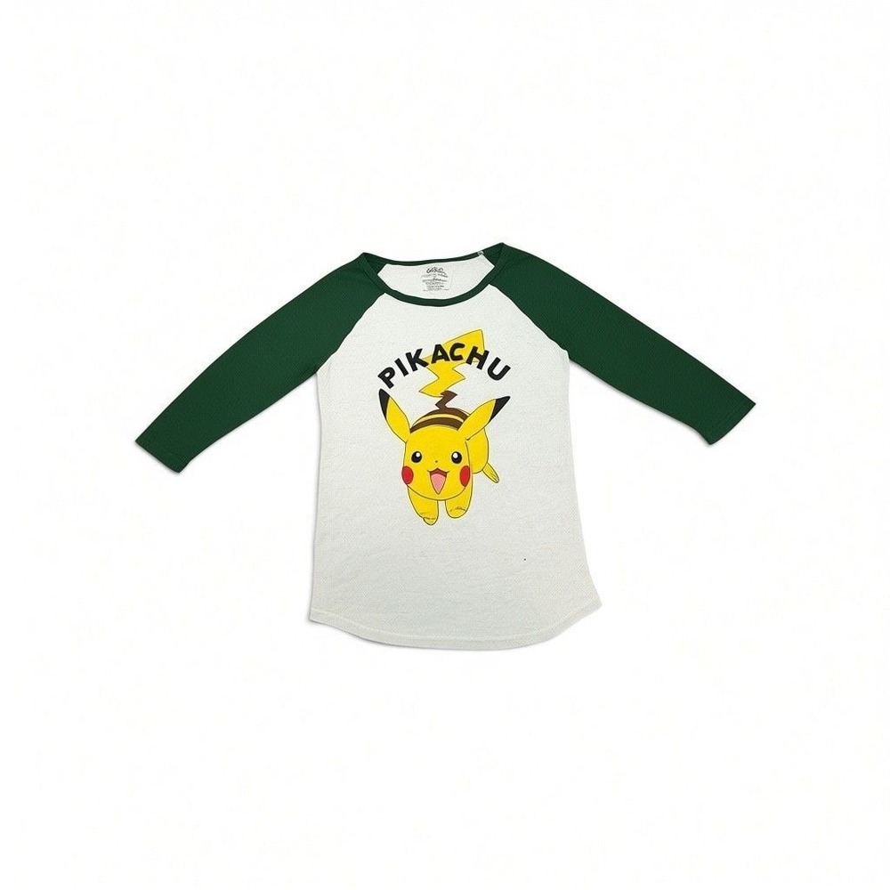 Pokemon Pikachu Raglan Shirt Women Small Green White Excellent 3/4 Sleeve Tee